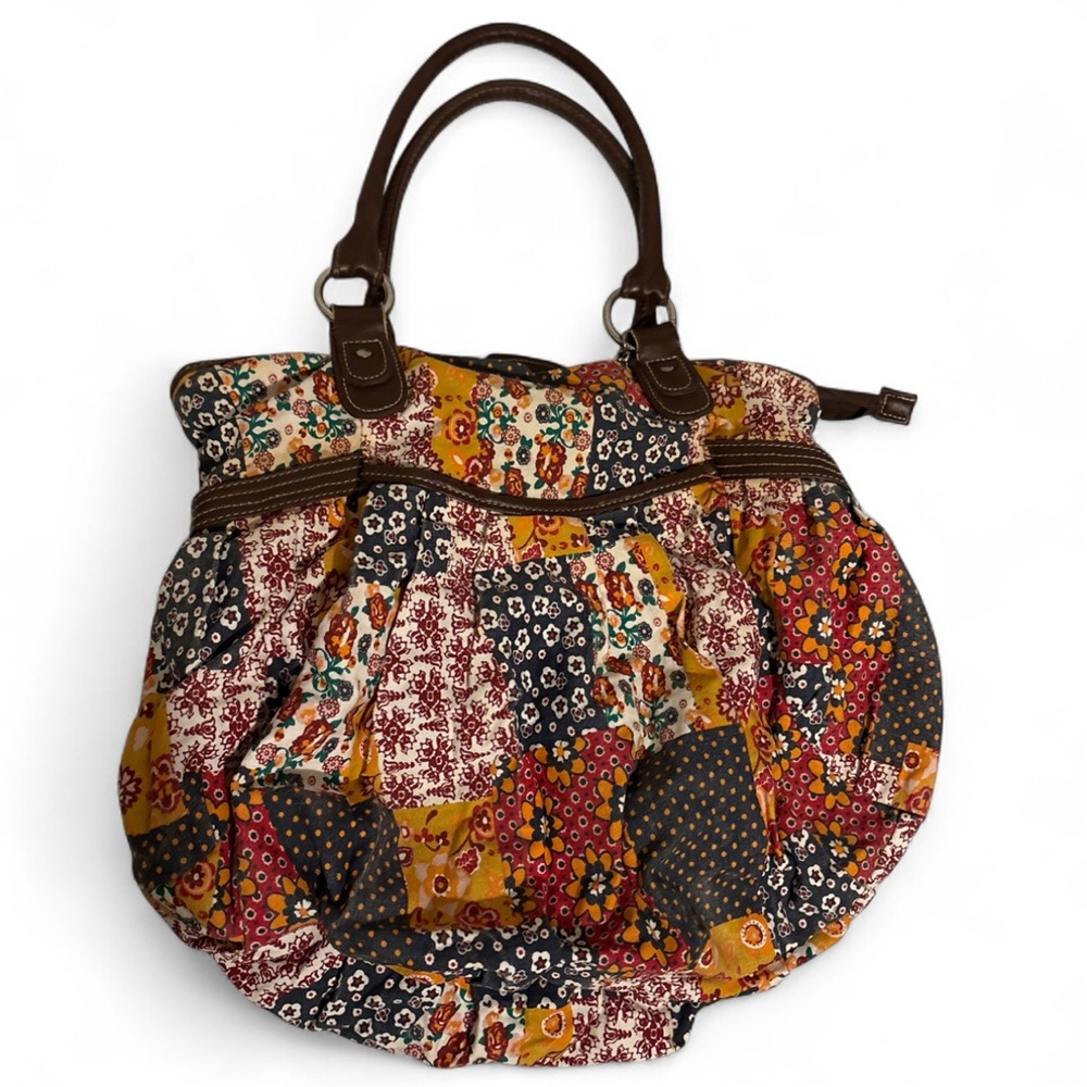 Y2K Vintage Patchwork Floral Shoulder Bag Boho Fabric Purse w Heart Charms 16x13 - Picture 2 of 3